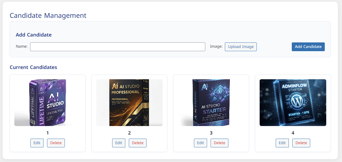 Admin Settings Page. Customize email templates and manage voting settings.