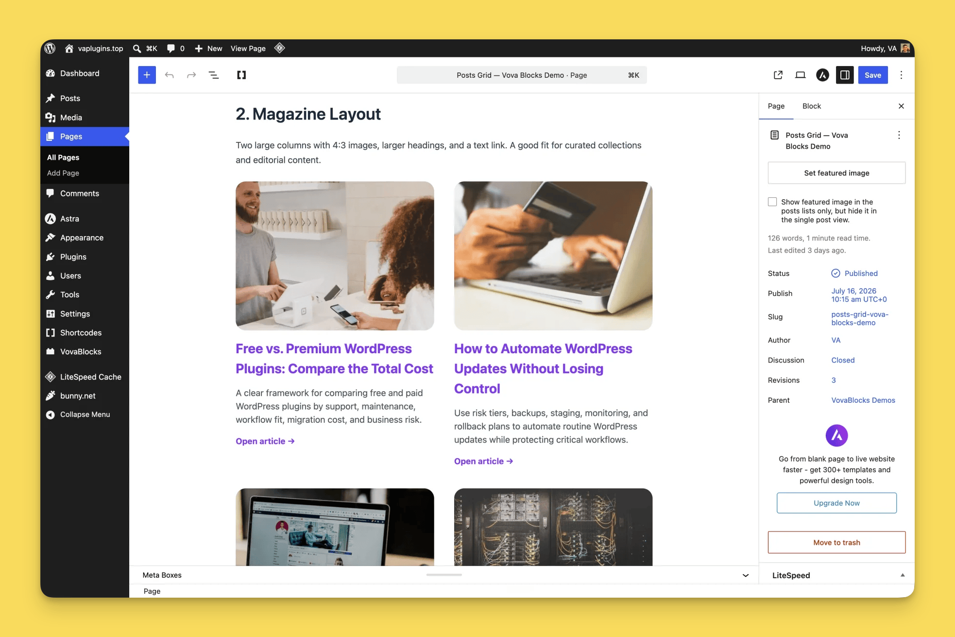Magazine layout with editorial cards