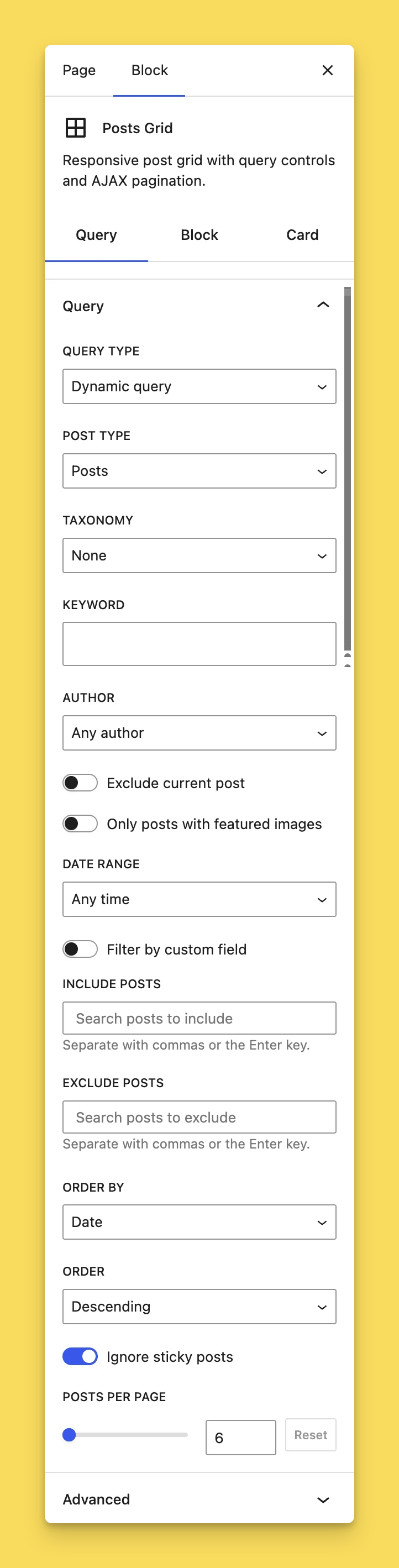 Query controls in the Gutenberg sidebar