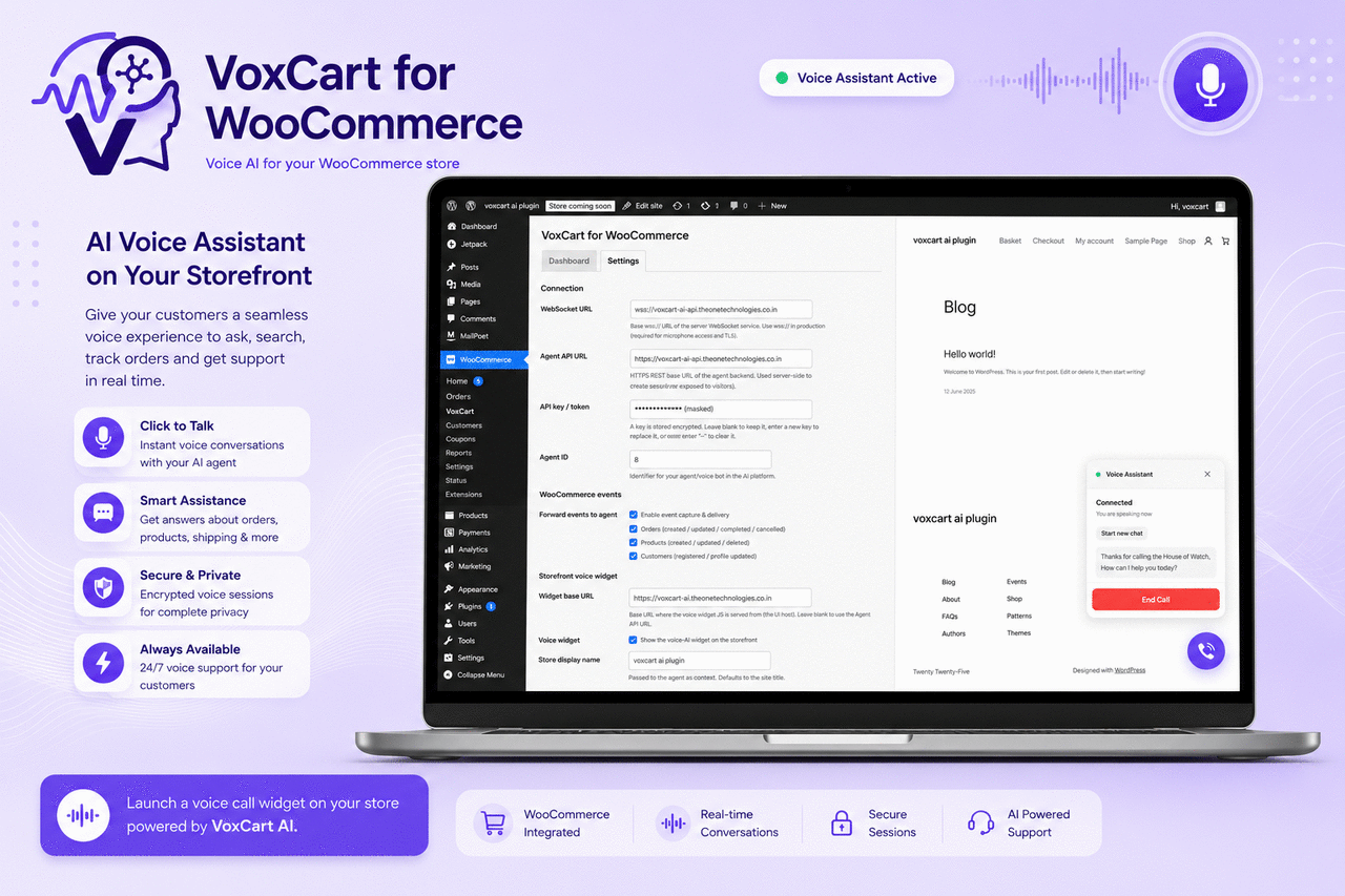 Settings page — connection details, WooCommerce events, and storefront widget options.