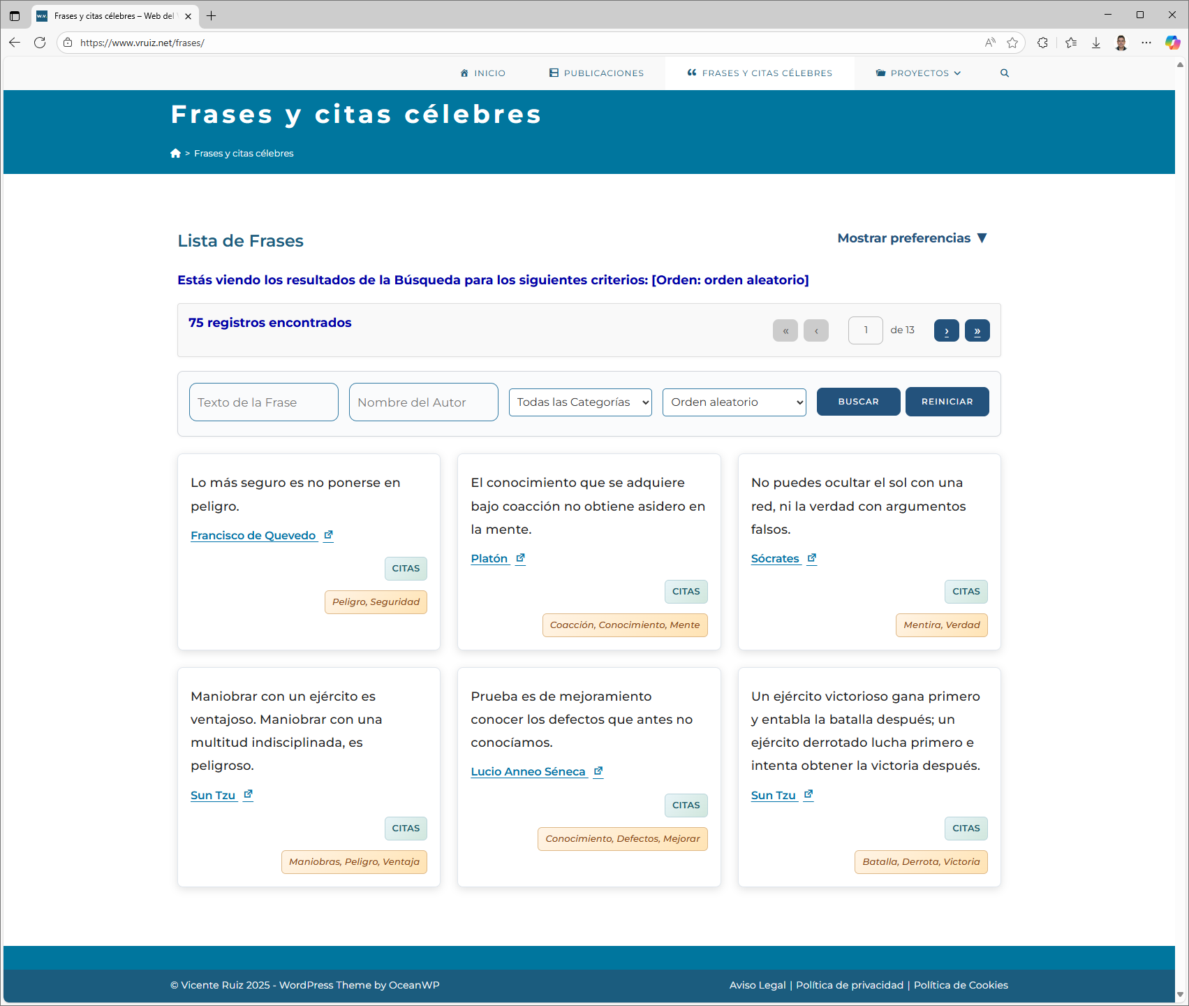 Main Page (user view) - Front-end display showing quotes with search functionality