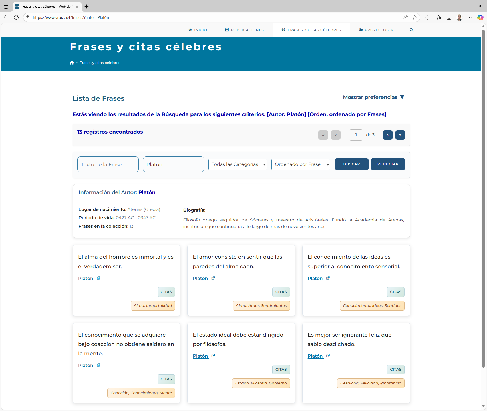 Author details (user view) - Filtered results showing quotes by author and Author details.