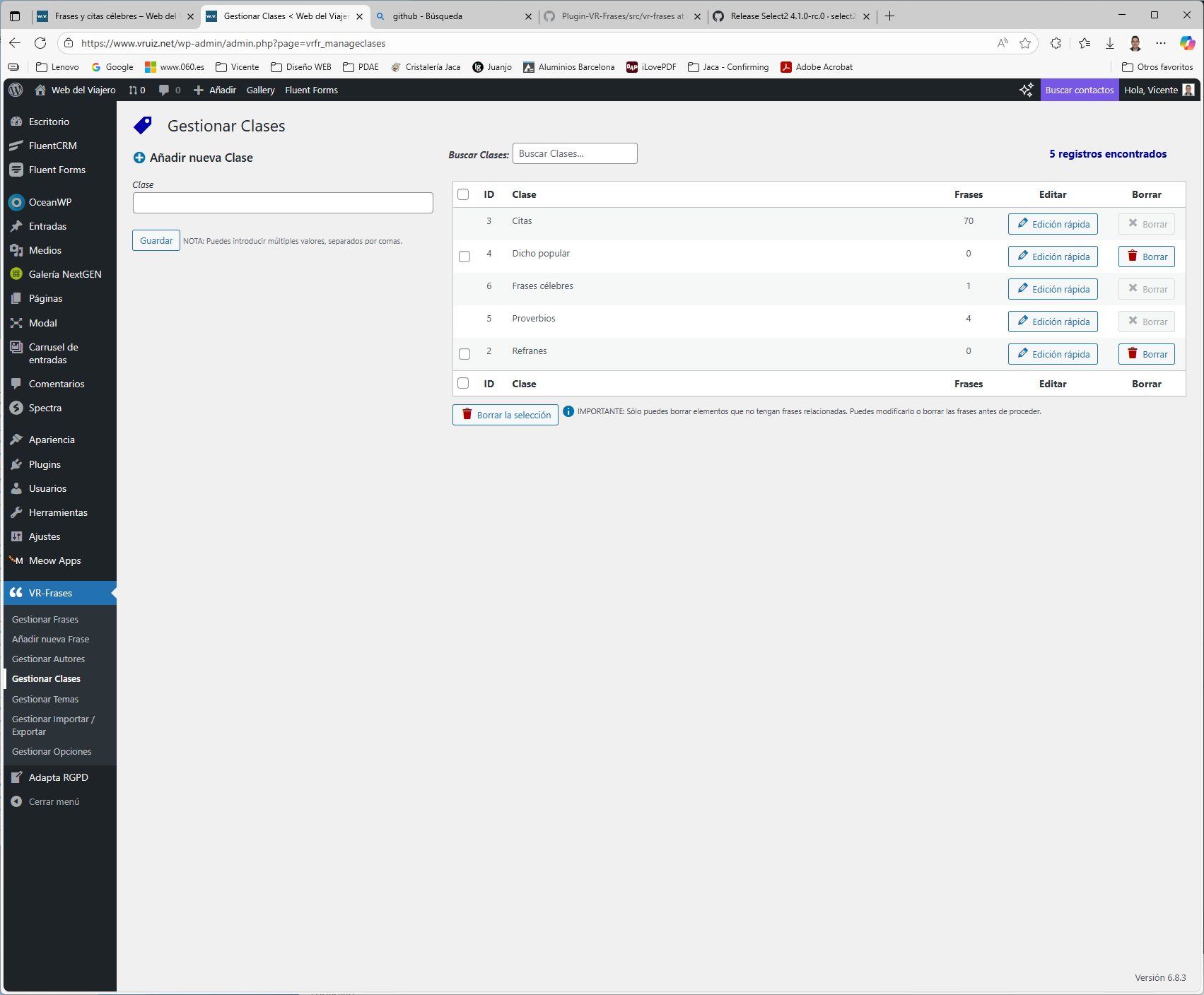 Manage Classes - Category management for organizing quotes