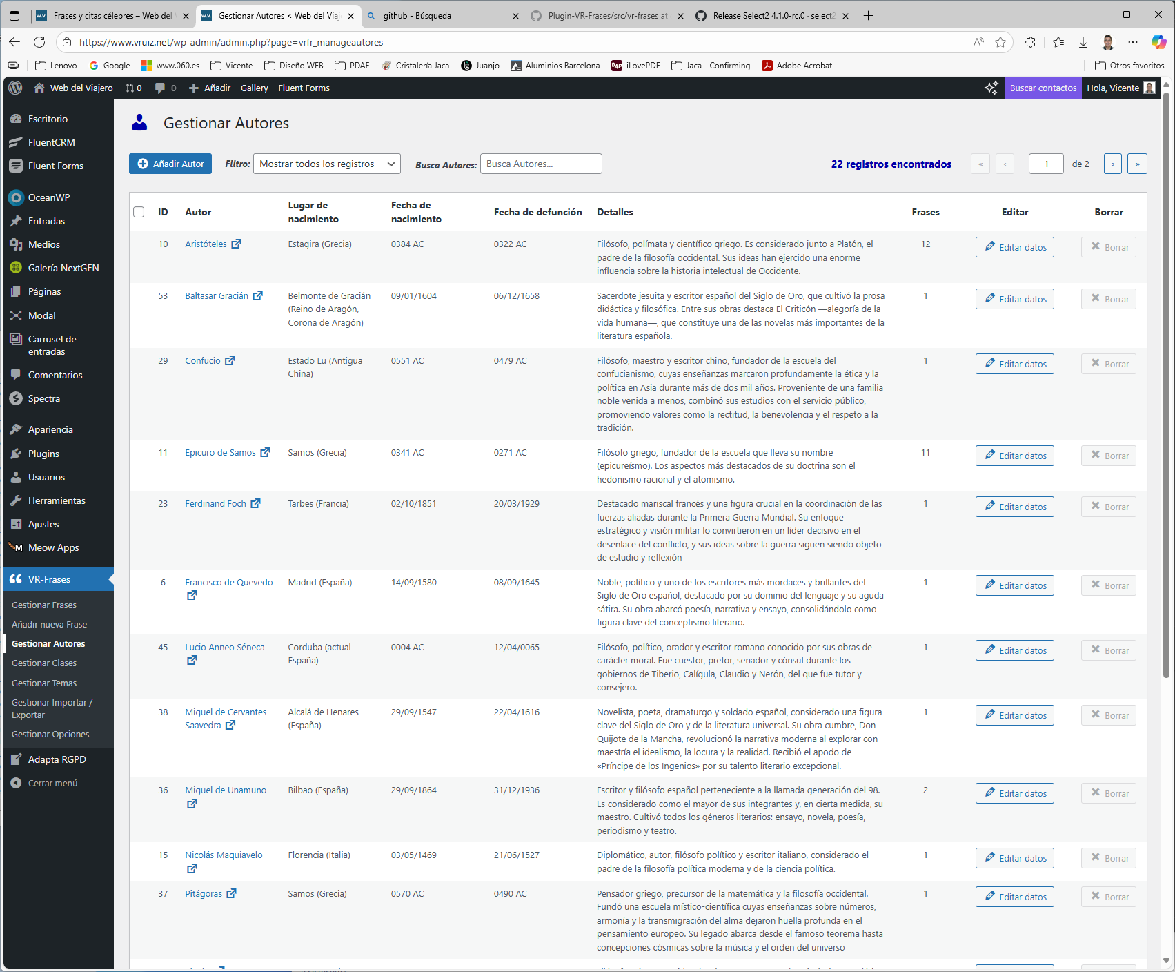 Manage Authors - Author management panel with biographical