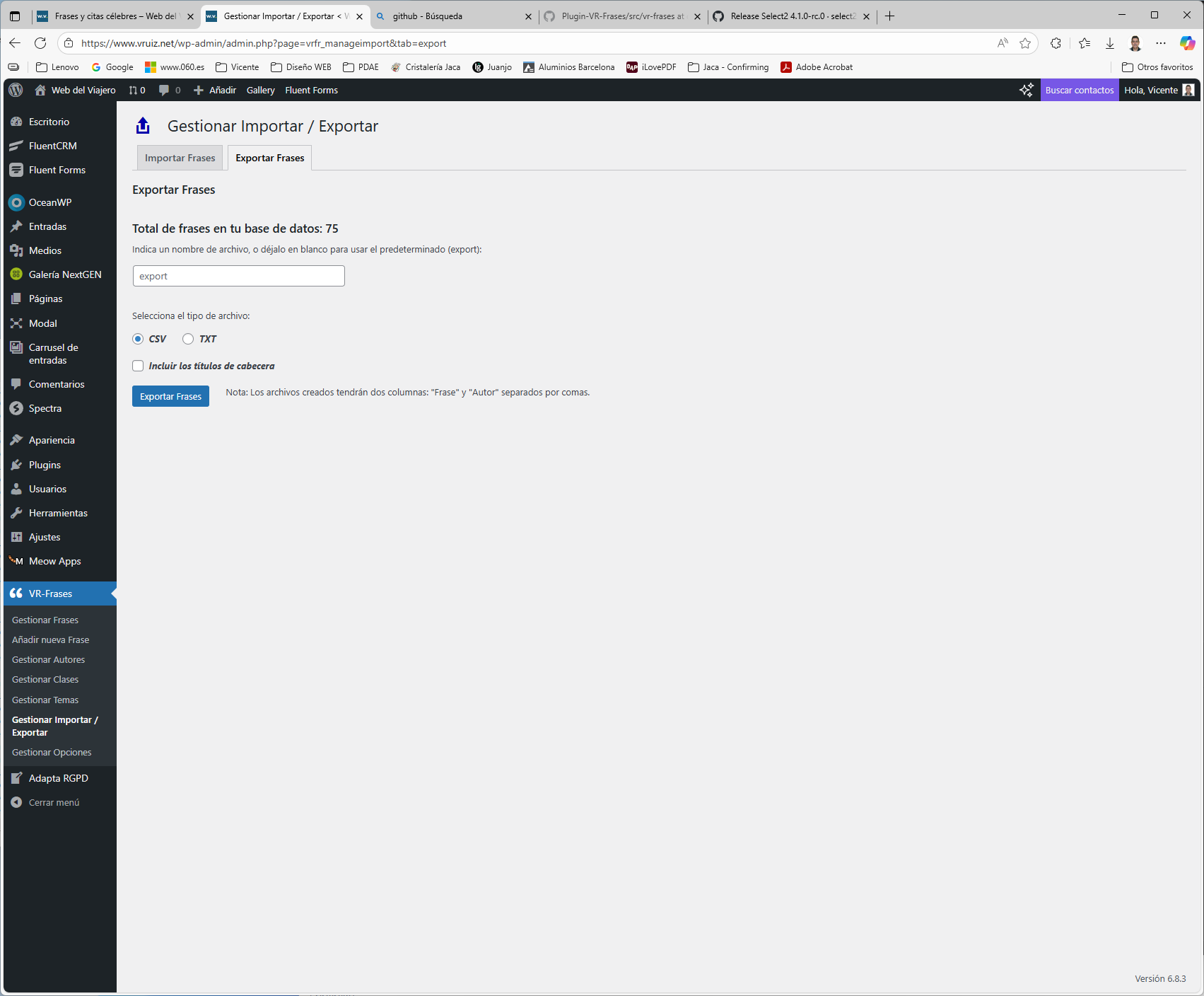 Manage Export - Form to export your main Quotes database, included Author name
