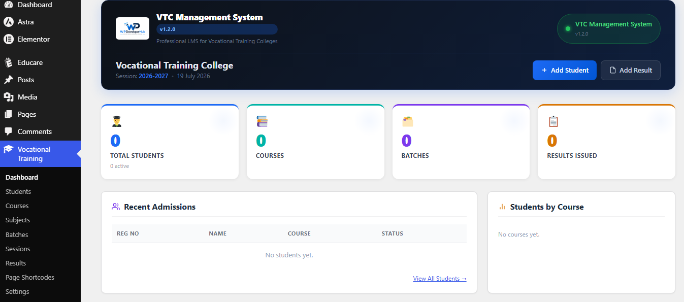 Dashboard — at-a-glance counts for students, courses, batches and results.