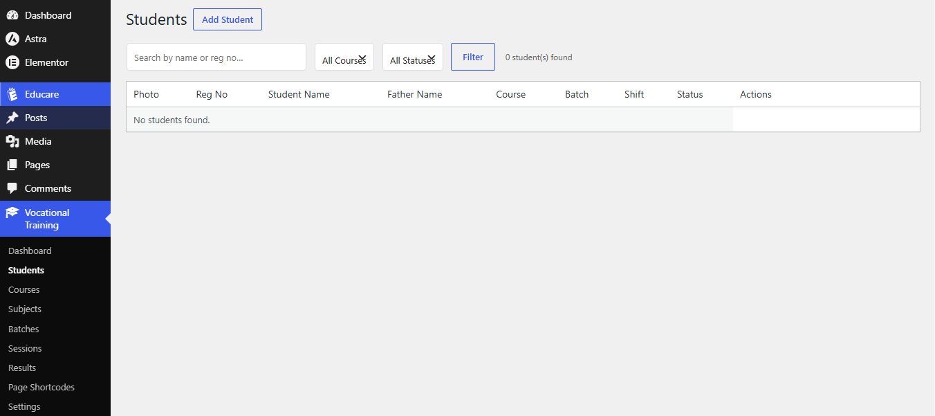 Students list — searchable, filterable table with quick actions.