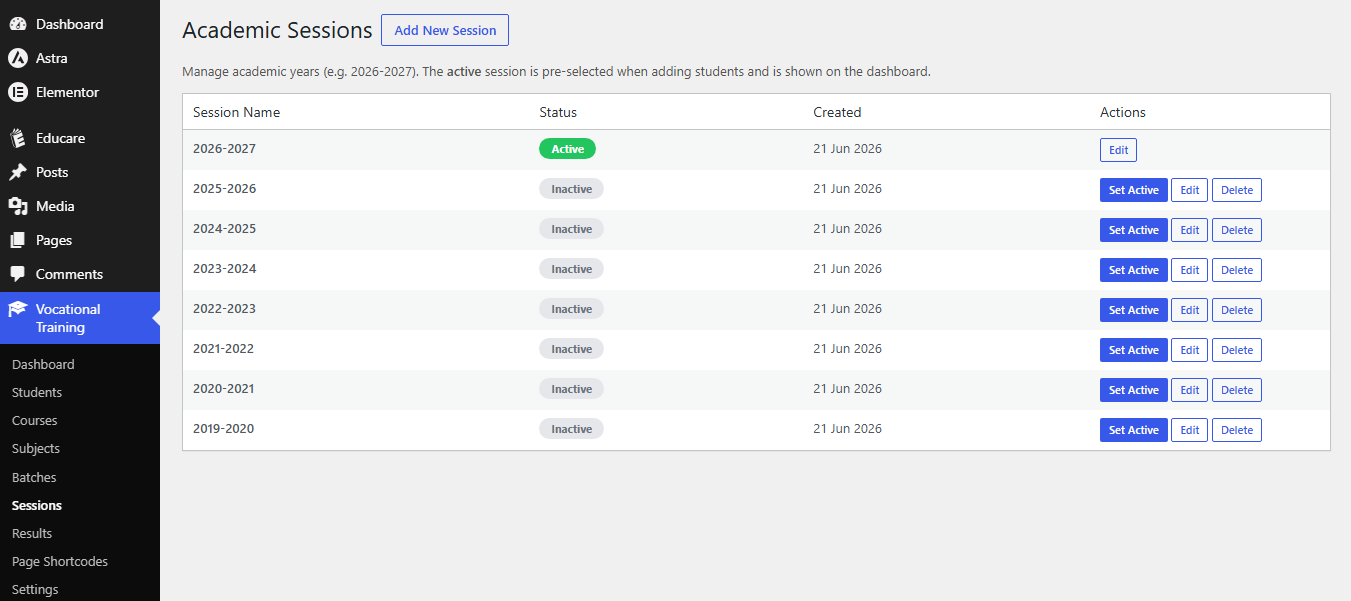 Settings — institute branding, colours and prefixes.