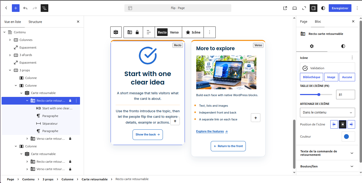 Editing a card in Gutenberg: front and back faces in List View, with native Heading, Paragraph and Separator blocks and front-face settings.