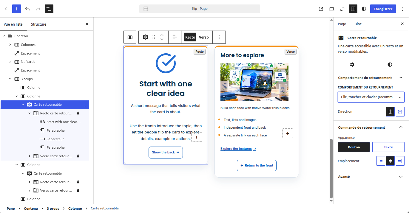 Card-level flip settings in the Gutenberg inspector: activation mode, direction, button or text appearance, and control alignment.