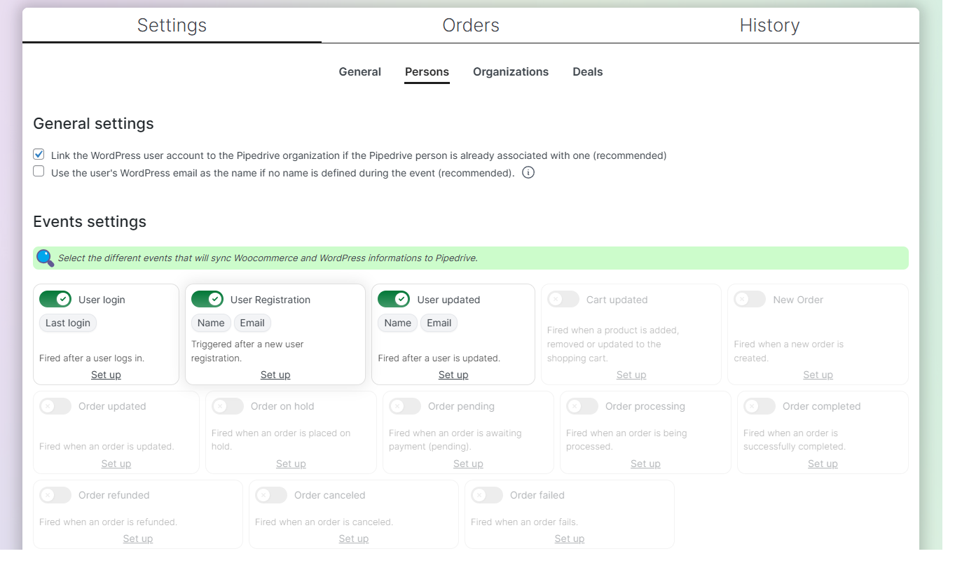 Selection of available hooks for synchronization triggers
Screenshot of the settings page where users can choose various hooks to trigger synchronization processes.