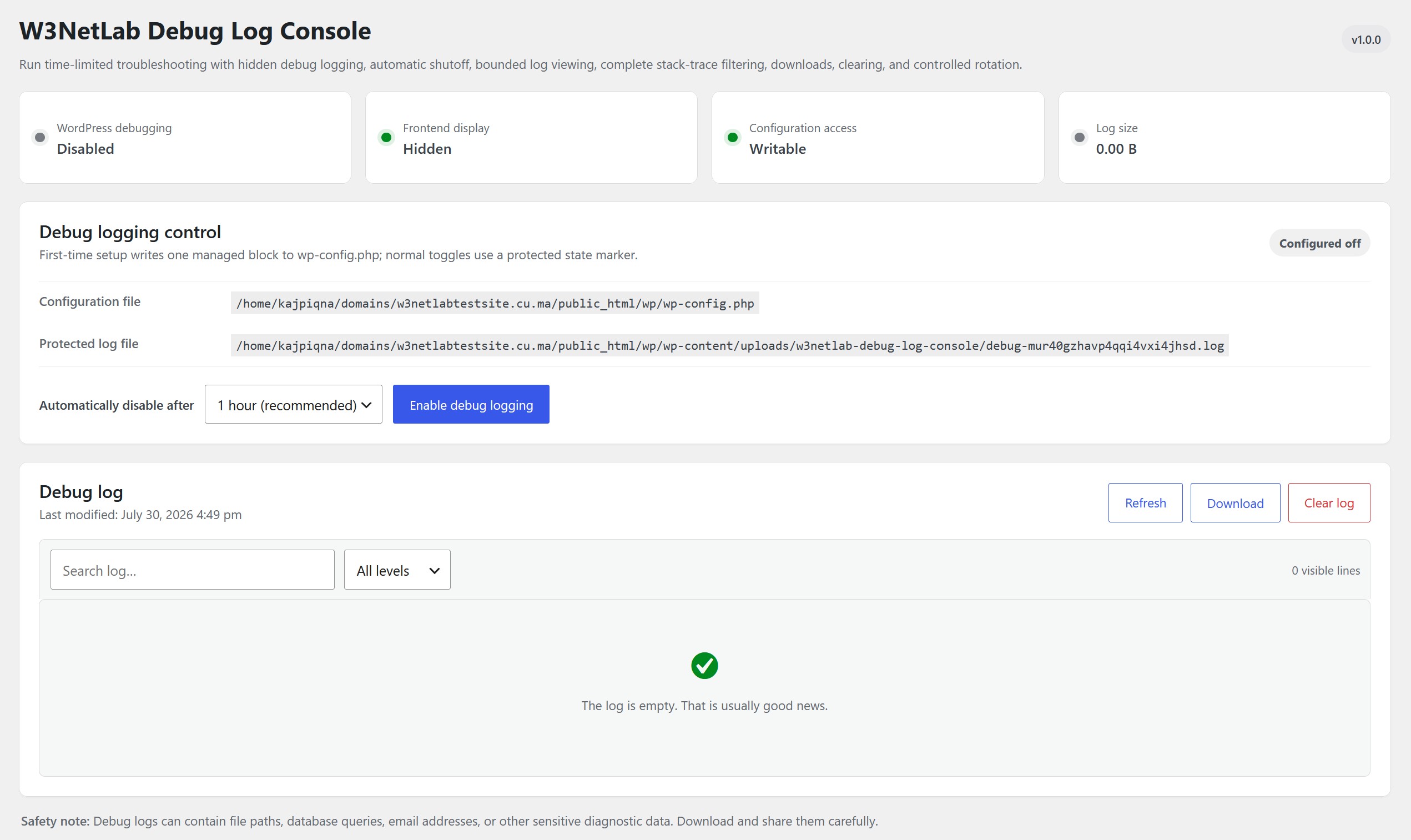 Dashboard showing the current logging status and session controls.