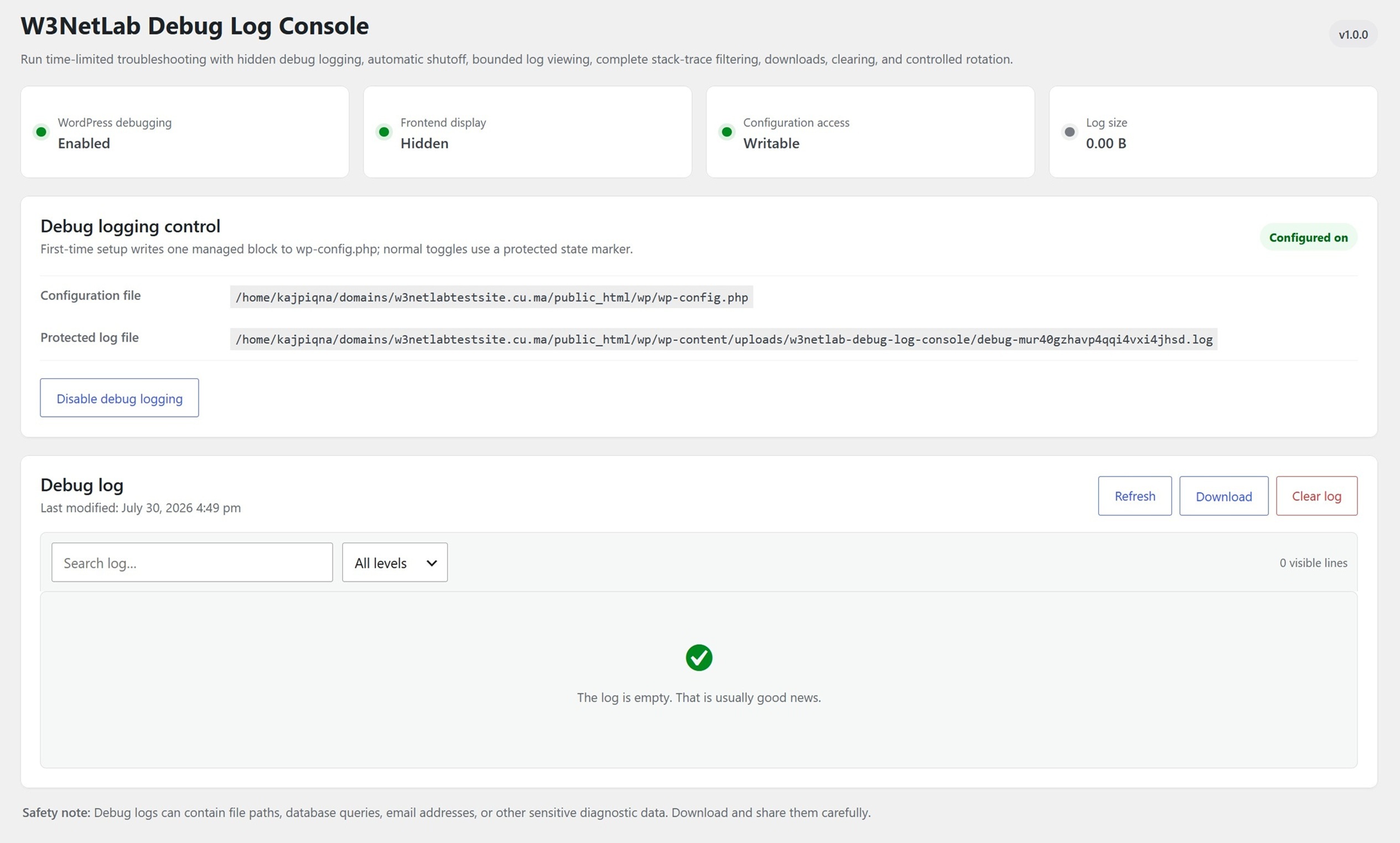 Debugging enabled with search, severity filtering, and complete multi-line error entries.