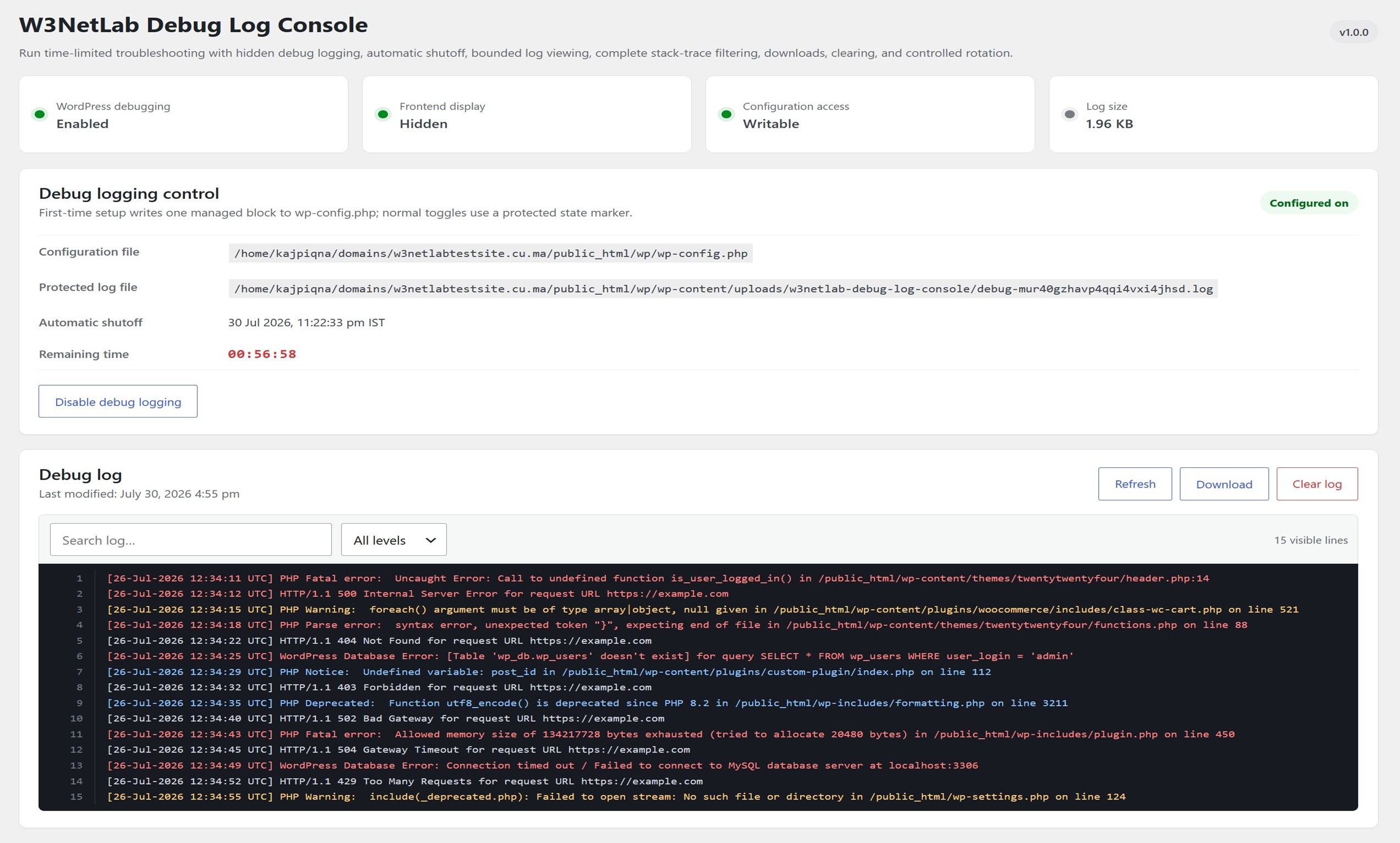 Dashboard showing debug logs.