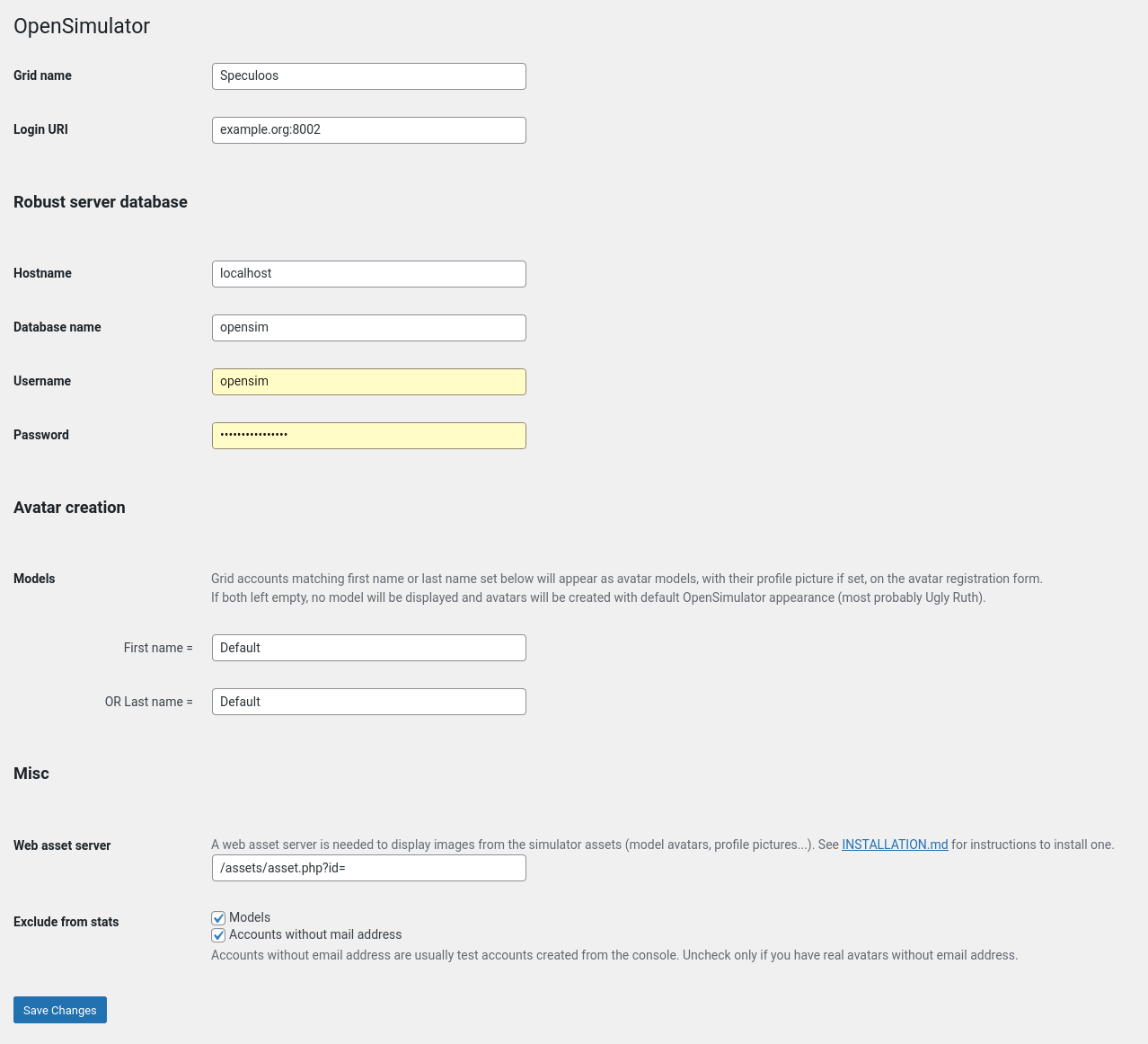 Settings page