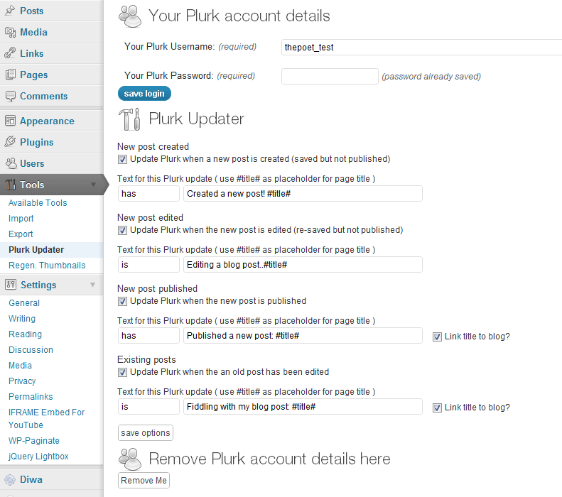 Screenshot of the wa plurk options in wp-admin.