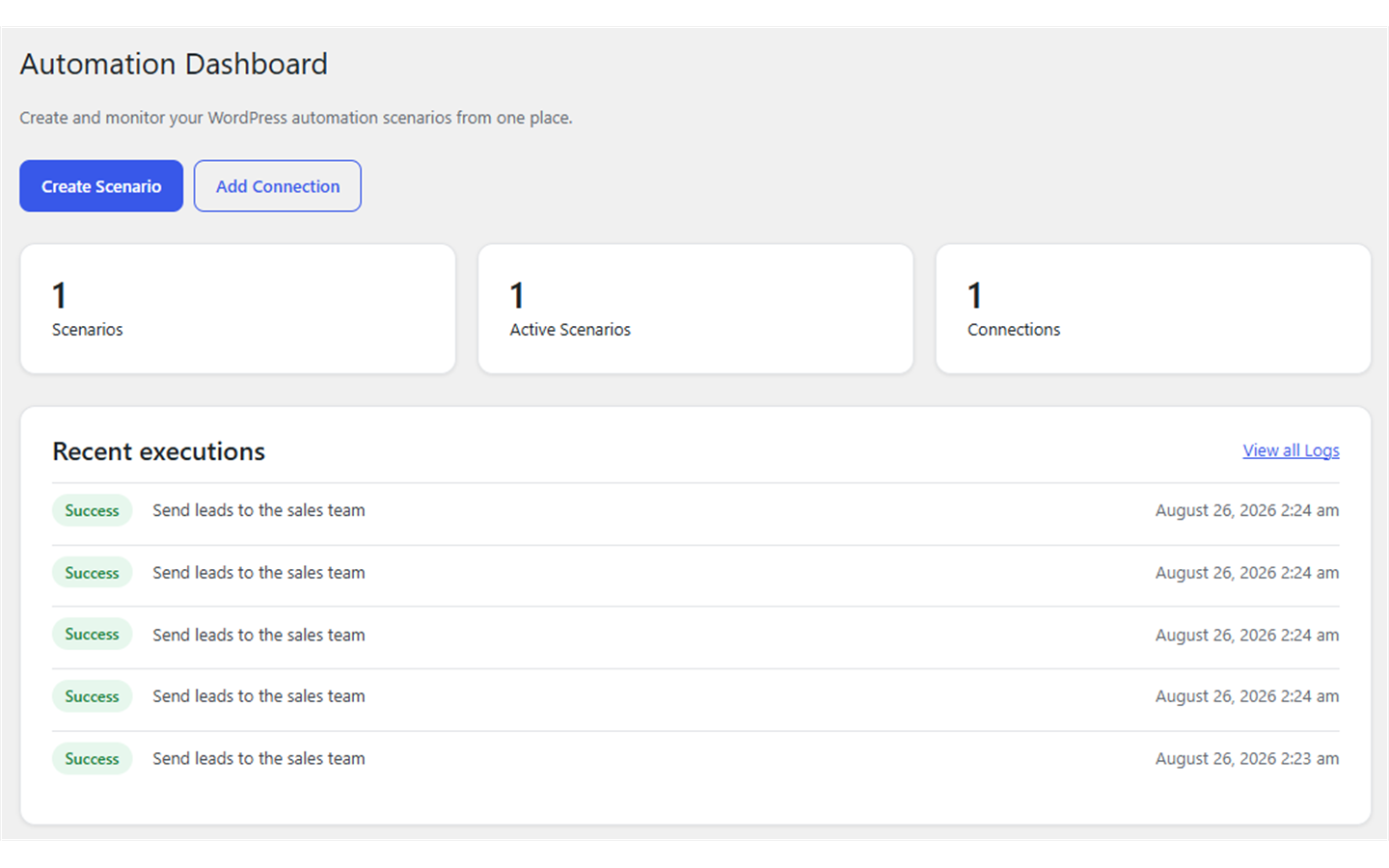 Automation dashboard with scenario and execution activity summaries.