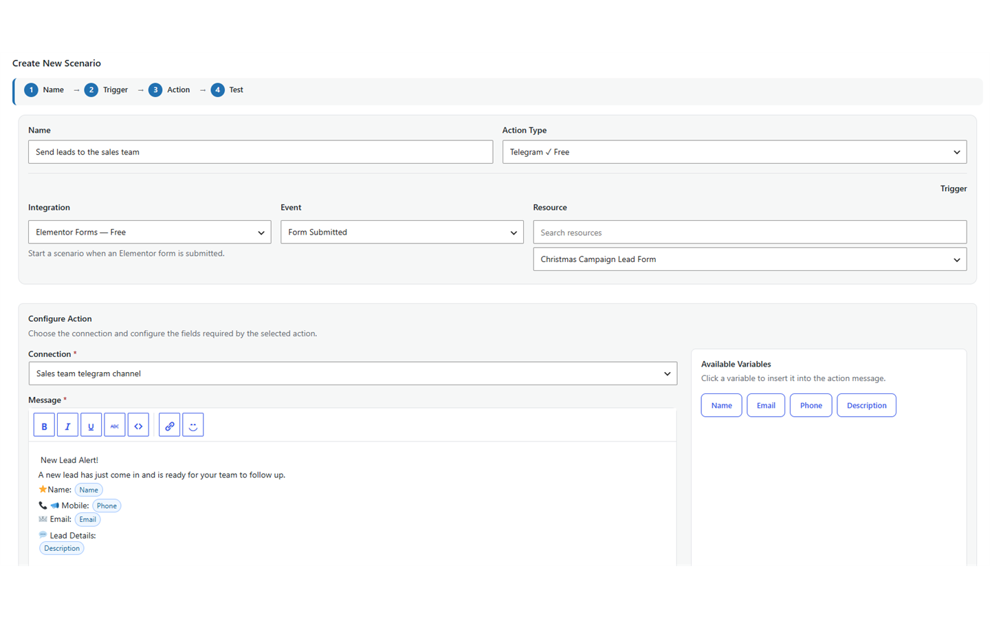 Scenario builder configured with an Elementor Forms trigger and Telegram action.