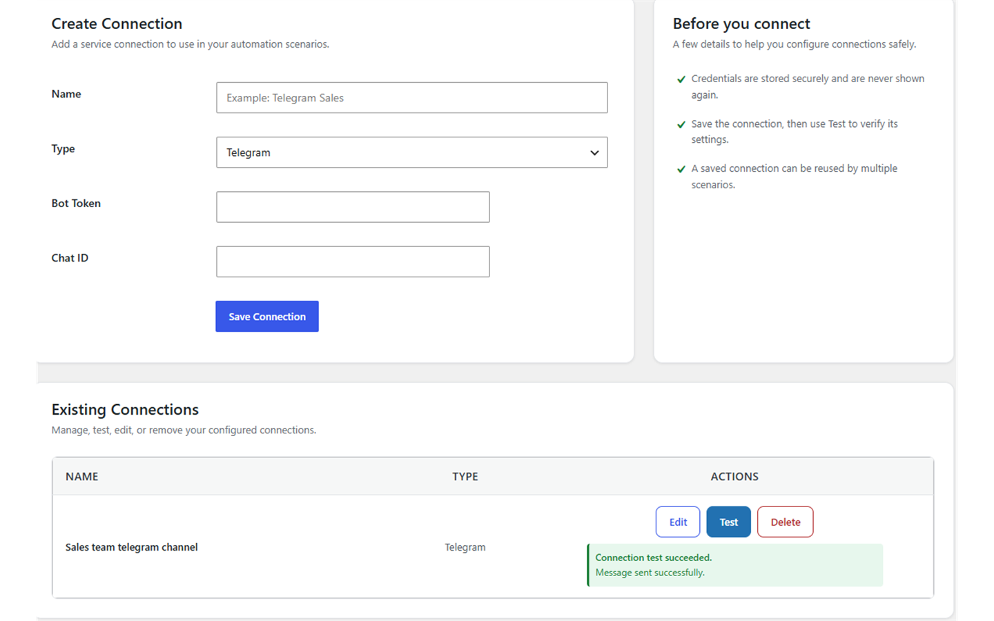 Telegram connection form and server-side connection test.
