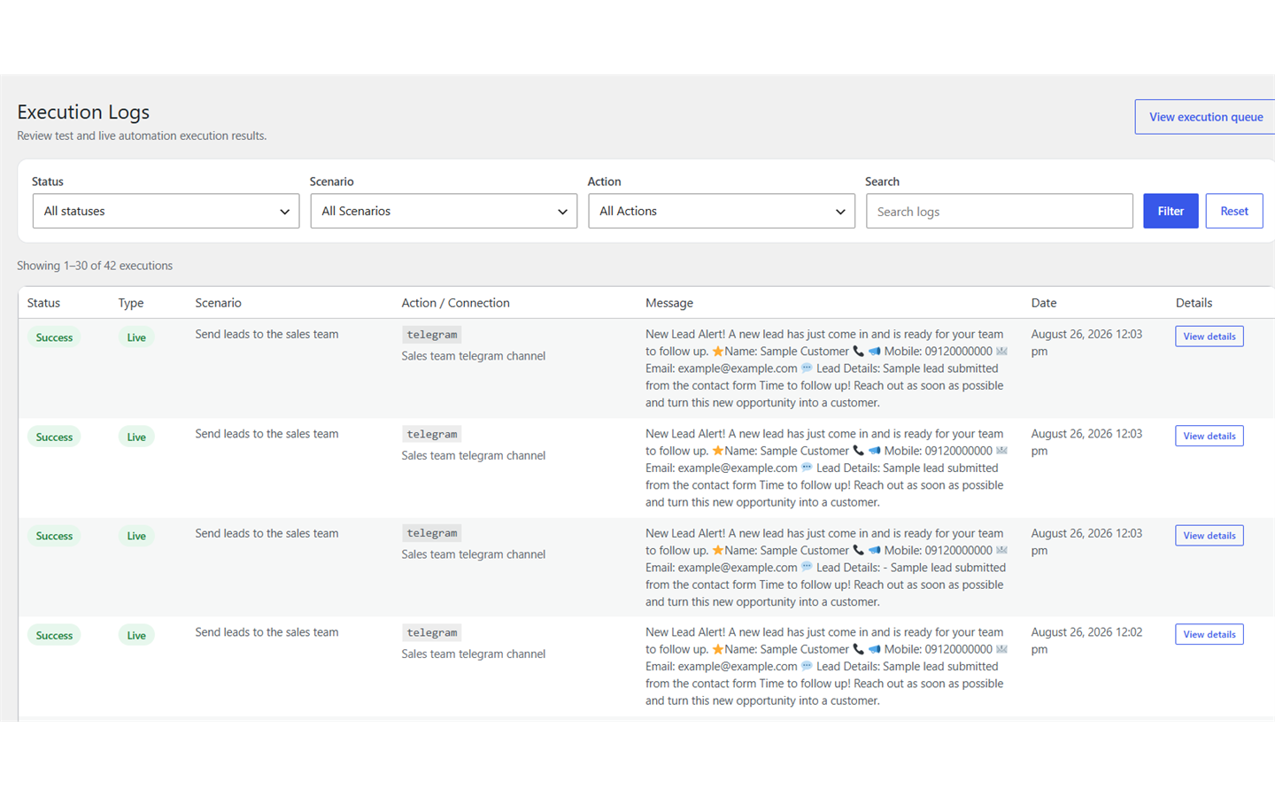 Execution logs and background queue status.