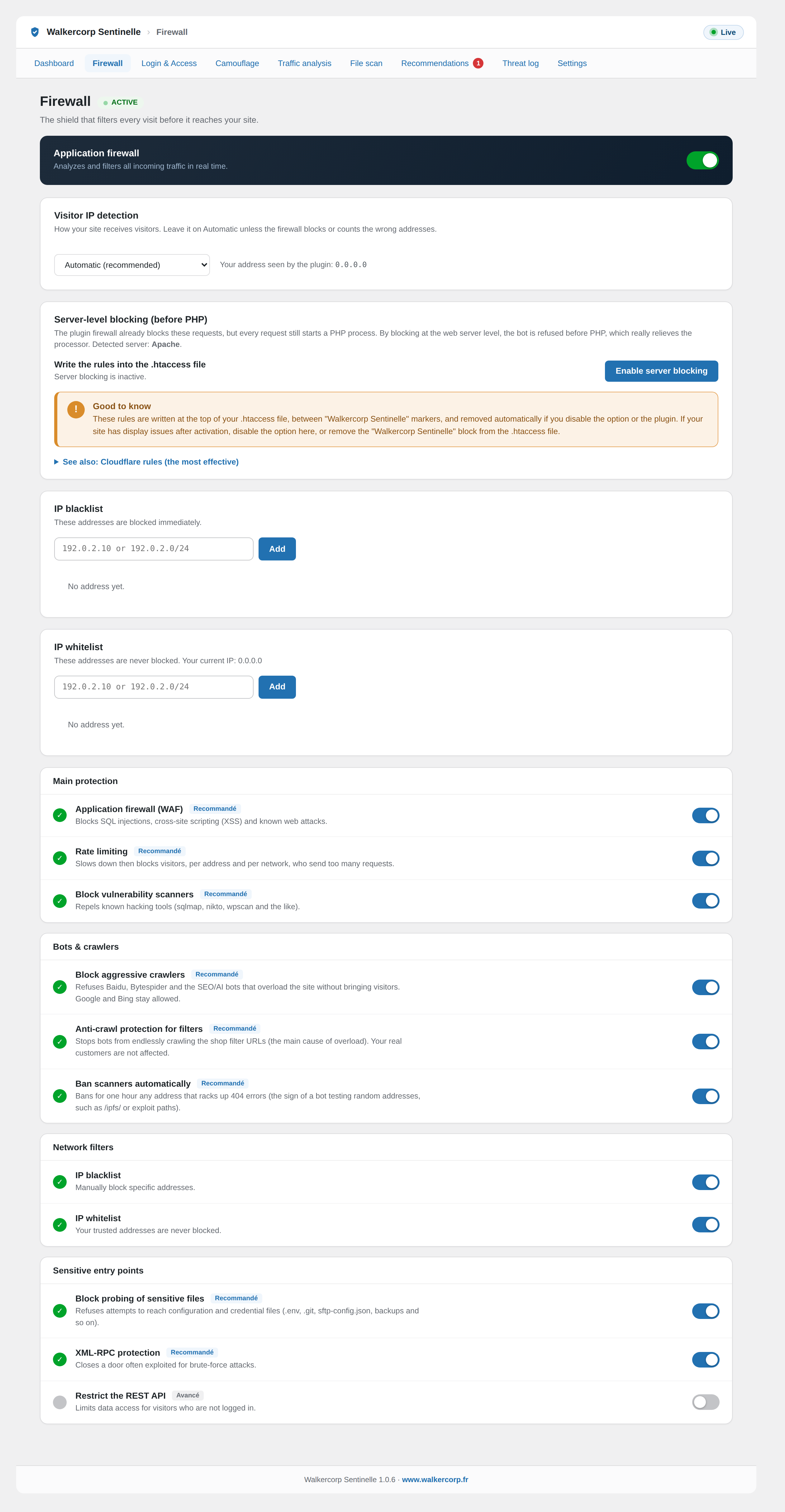 Firewall: application firewall, rate limiting, and blocking of bots and vulnerability scanners.