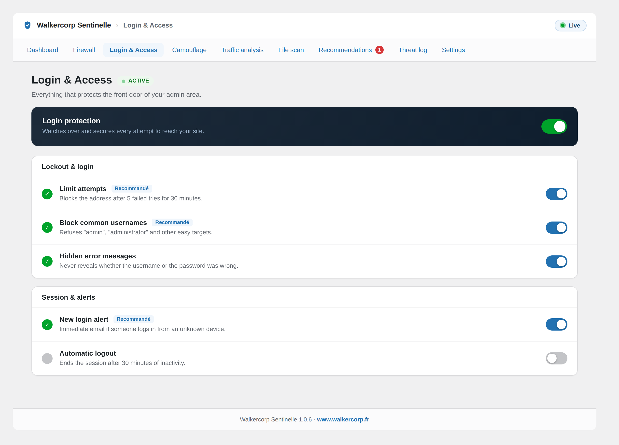 Login and access: brute-force protection, lockout, and login alerts.