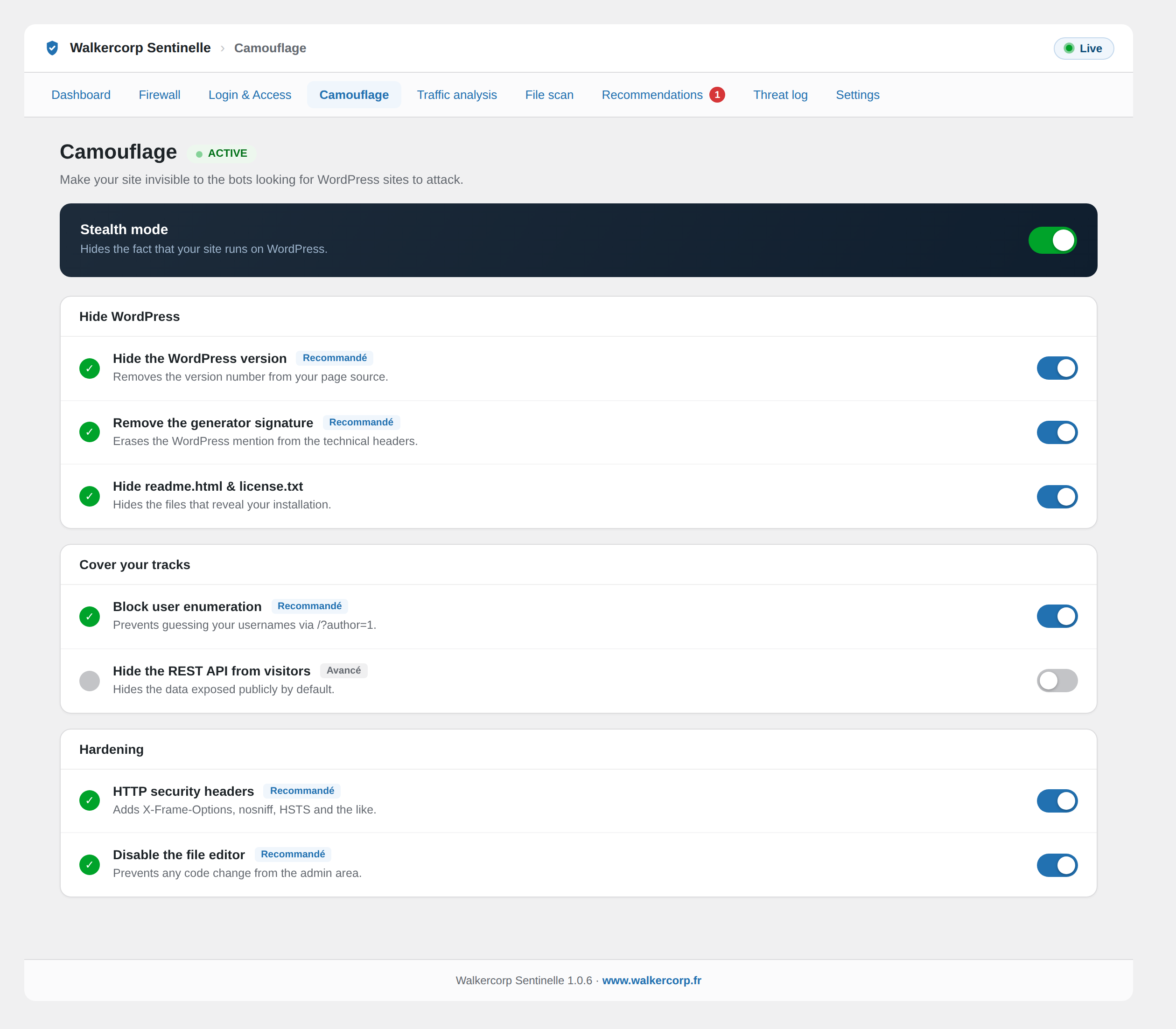 Camouflage: hide WordPress and harden your site against bots.