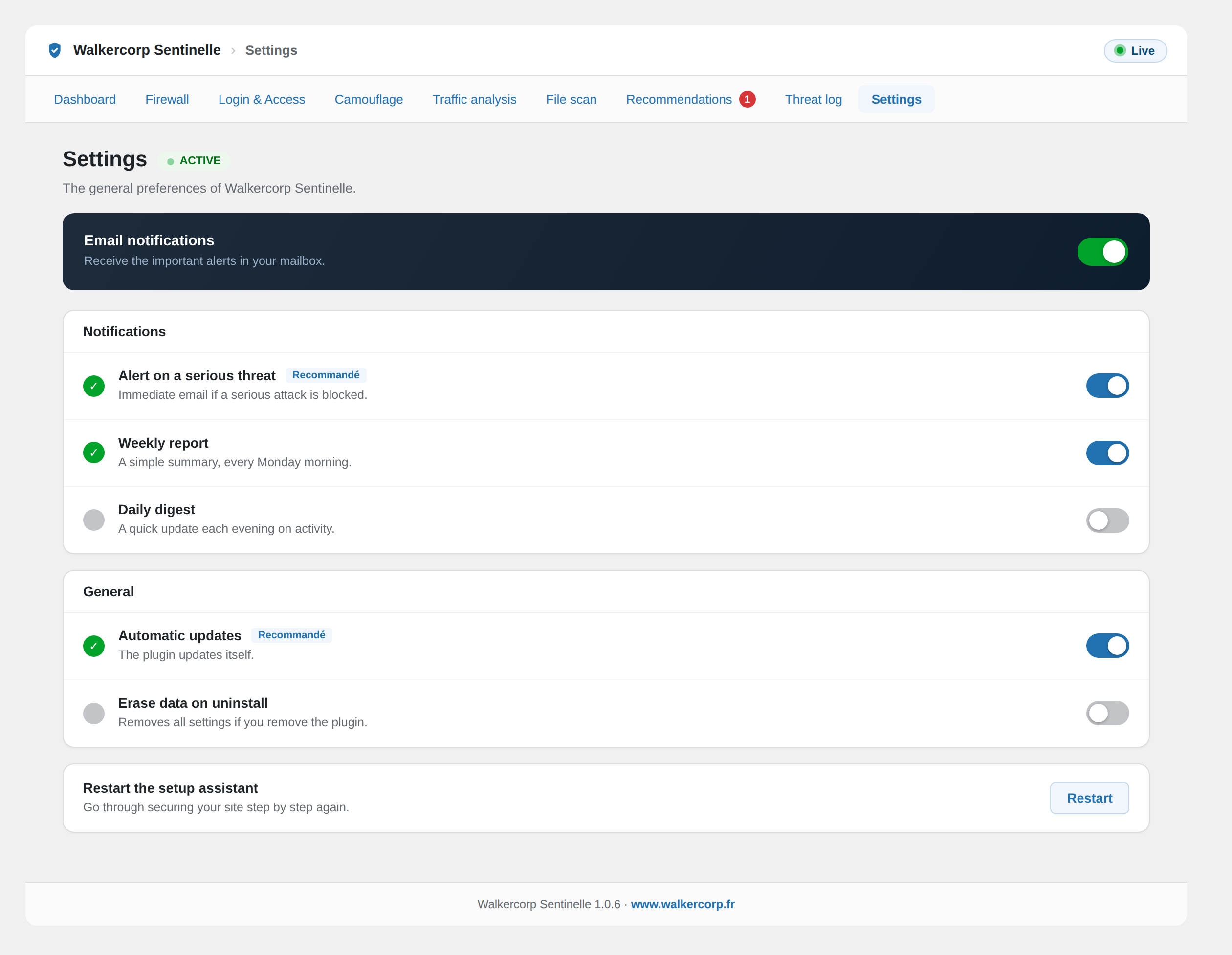 Settings: email alerts and general preferences.