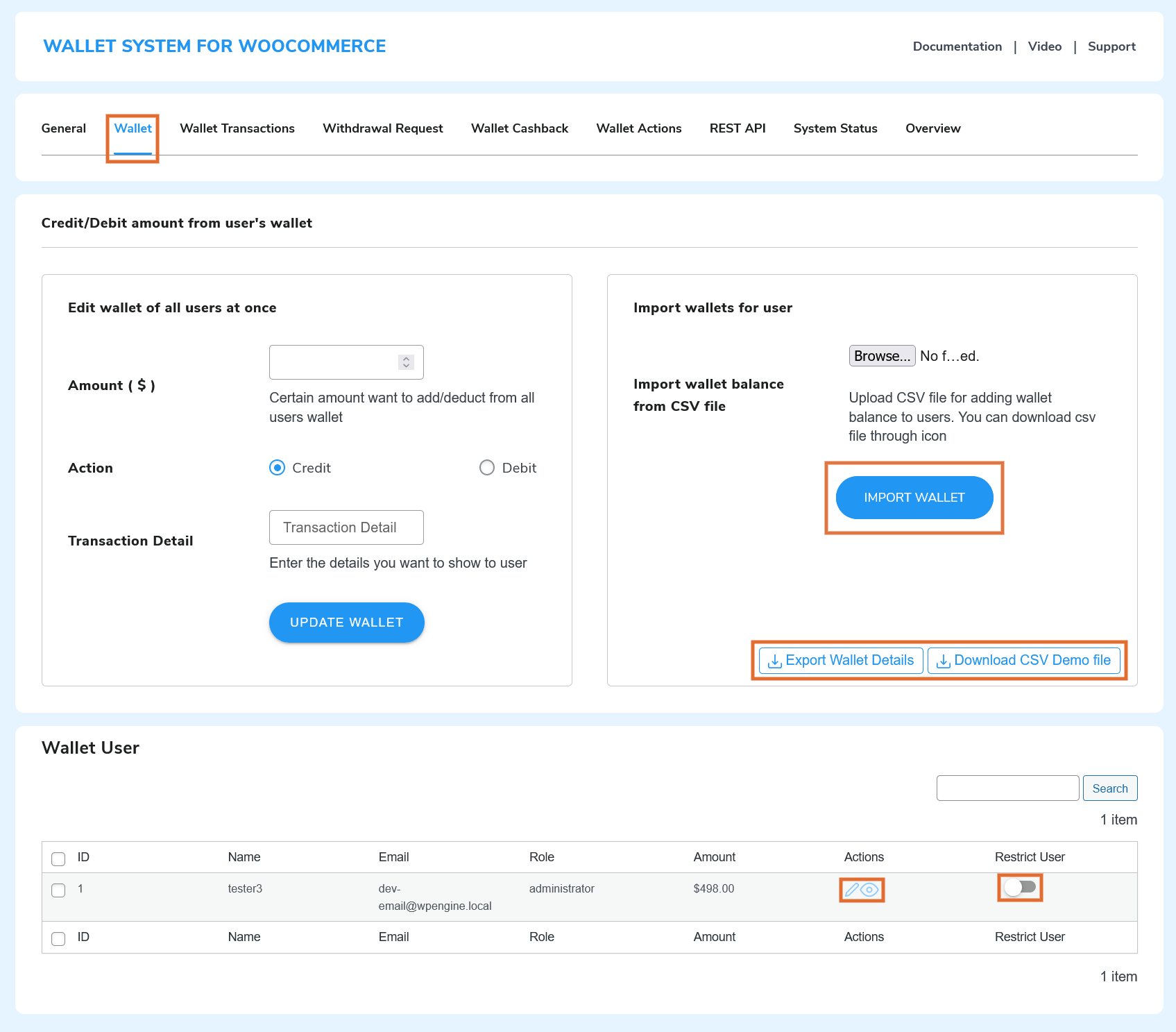 Credit/debit amount from the user's wallet