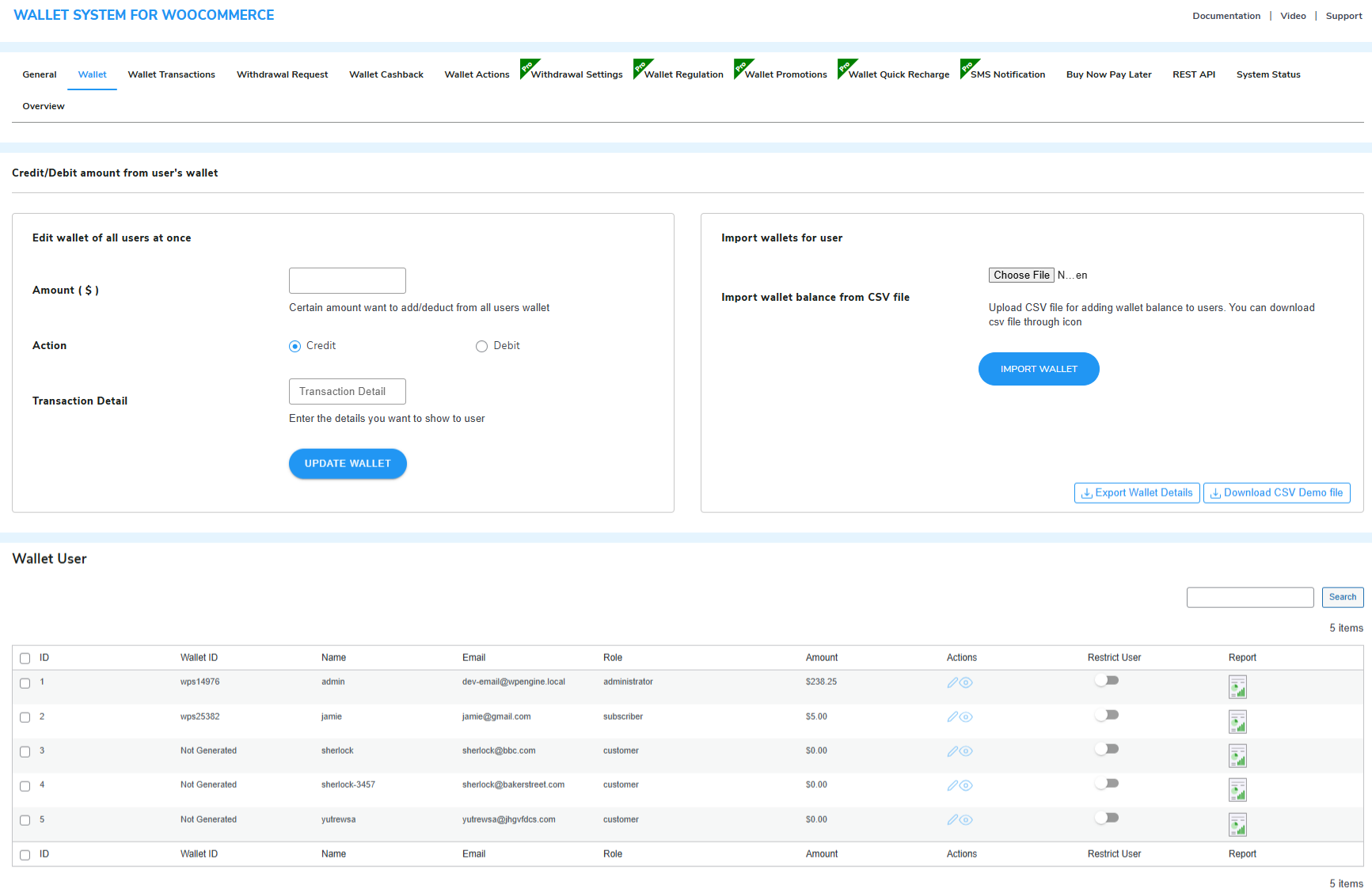 Credit/debit amount from the user's wallet