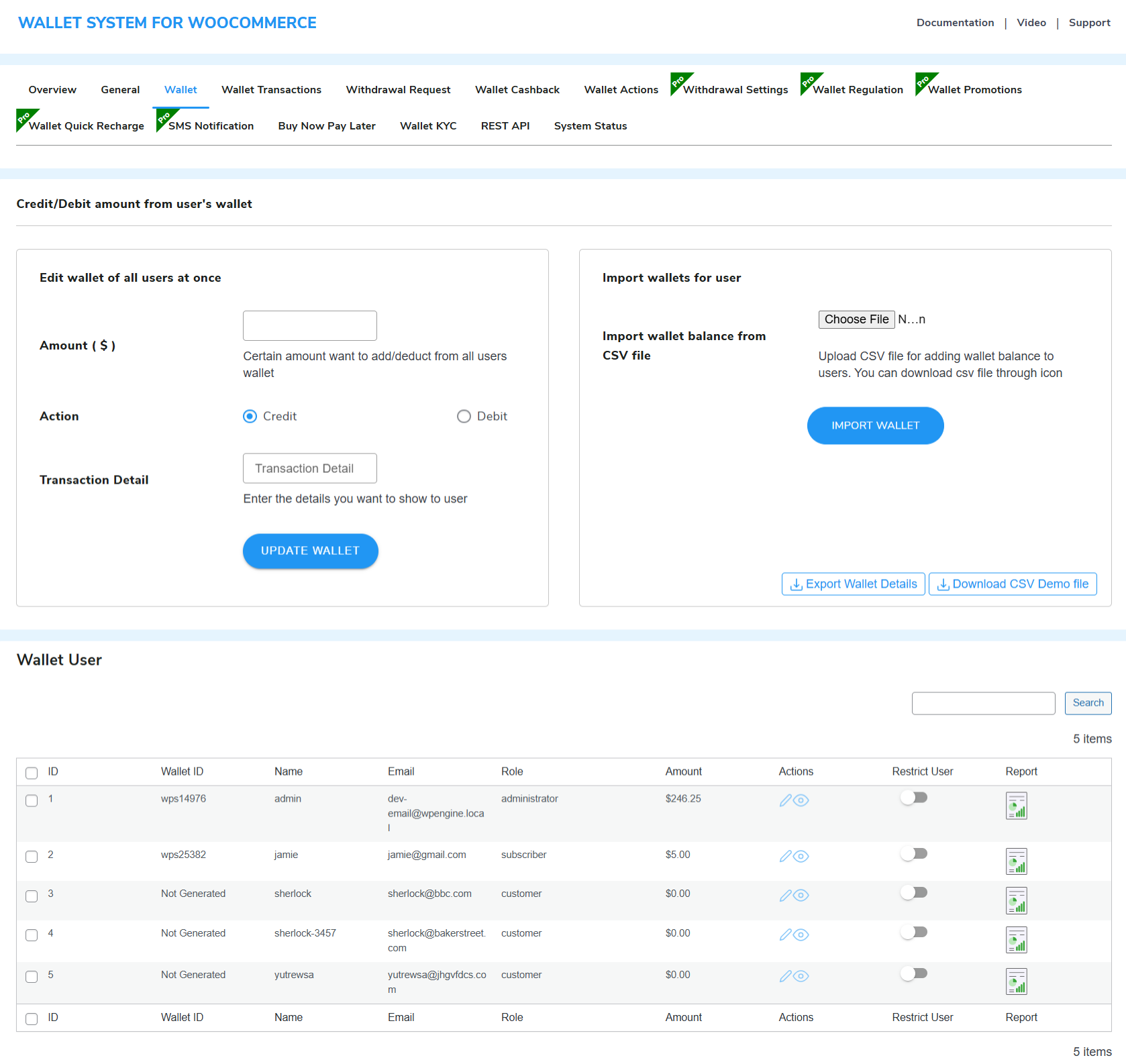 Credit/debit amount from the user's wallet