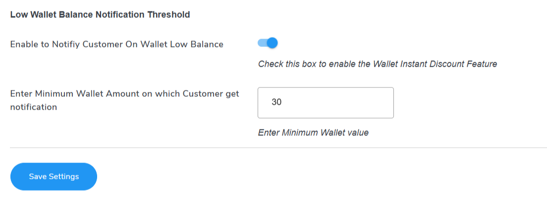 Low wallet balance notification threshold