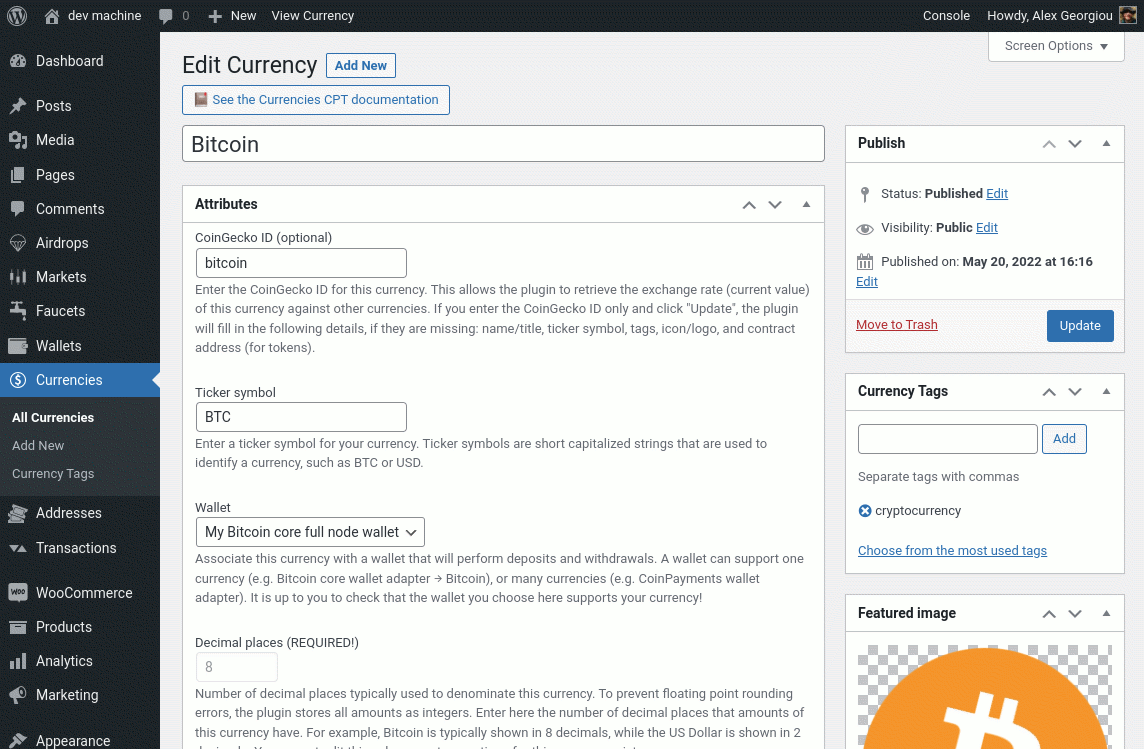 <strong>Currency post type</strong> - Associate the currencies you want to offer with your wallets, using the Currecy post type. Easily edit settings related to each currency. Group currencies together using a special Currency Tags taxonomy.