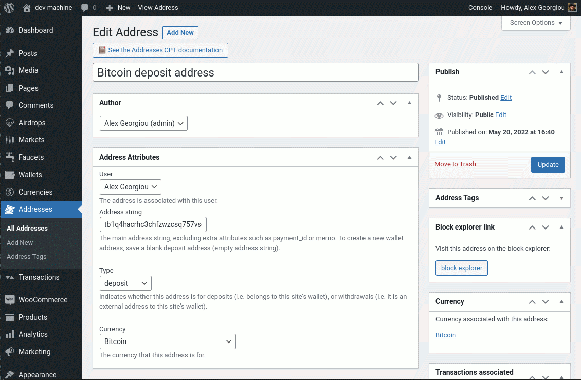 <strong>Address post type</strong> - Keep track of deposit and withdrawal addresses. Easily edit address details, or list transactions associated with addresses. Group addresses together using a special Address Tags taxonomy.