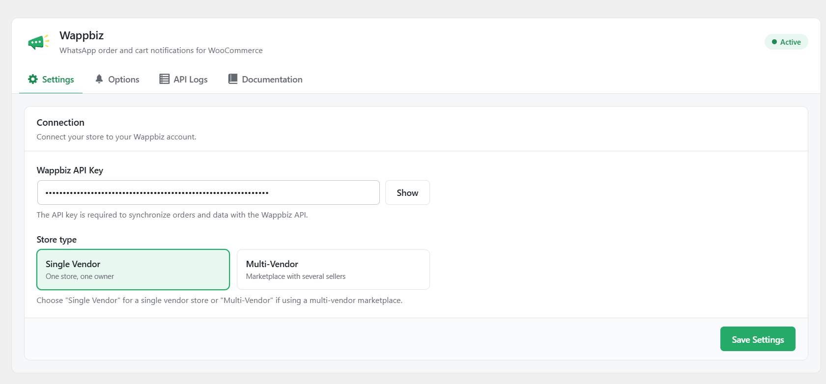 Settings tab: connect your API key and choose the store type.
