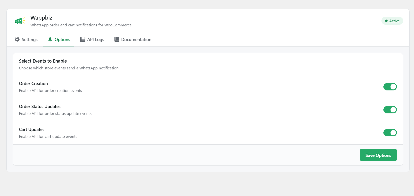 Options tab: enable or disable event notifications.