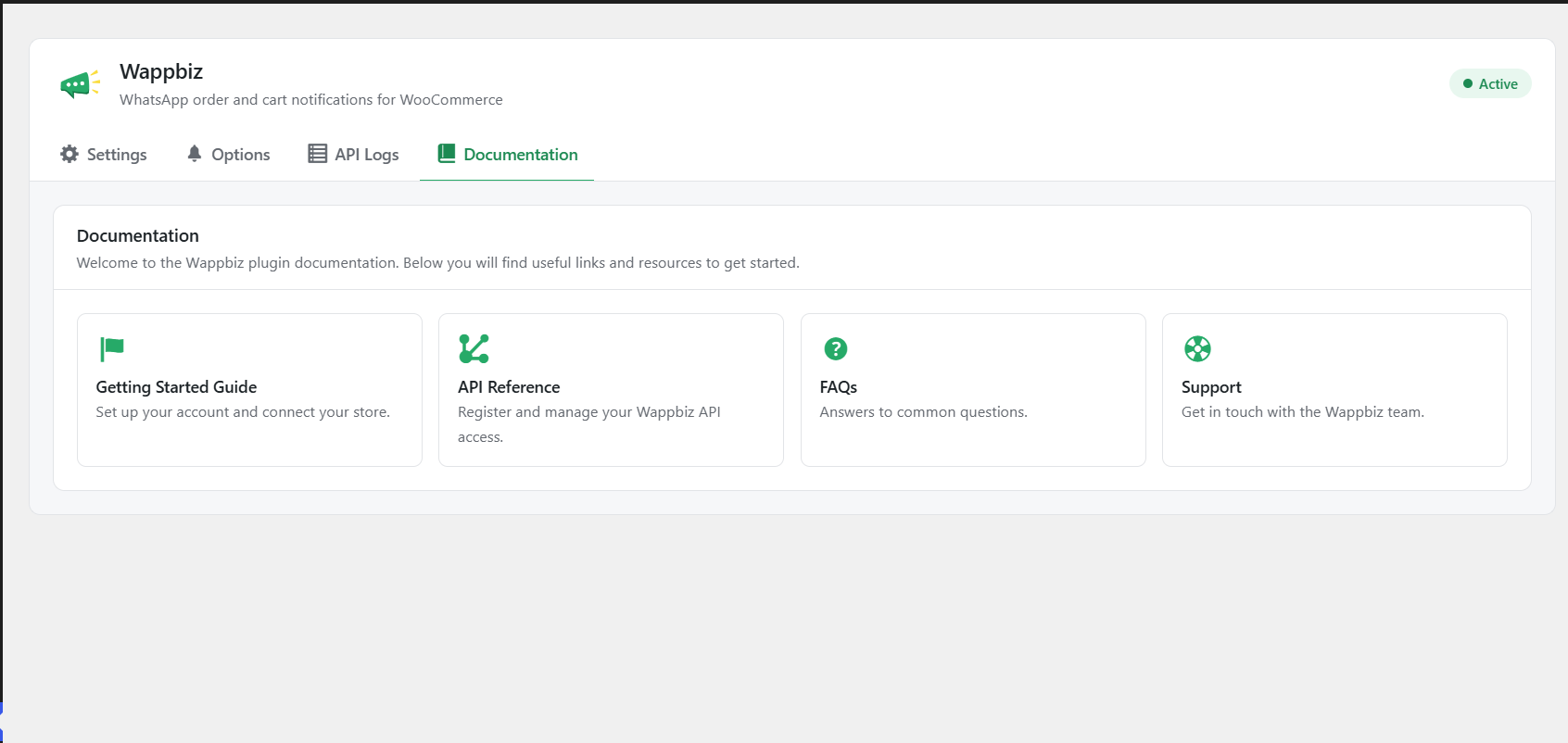 Documentation tab: quick links to guides and support.