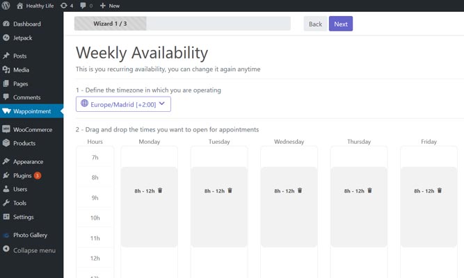 Weekly Availability. First step of our initial setup wizard, simply drag and drop your recurrent availability.