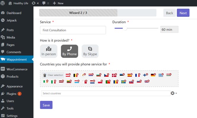 Service Setup. Describe the appointment and how you provide it: By Phone, By Skype or At a location.