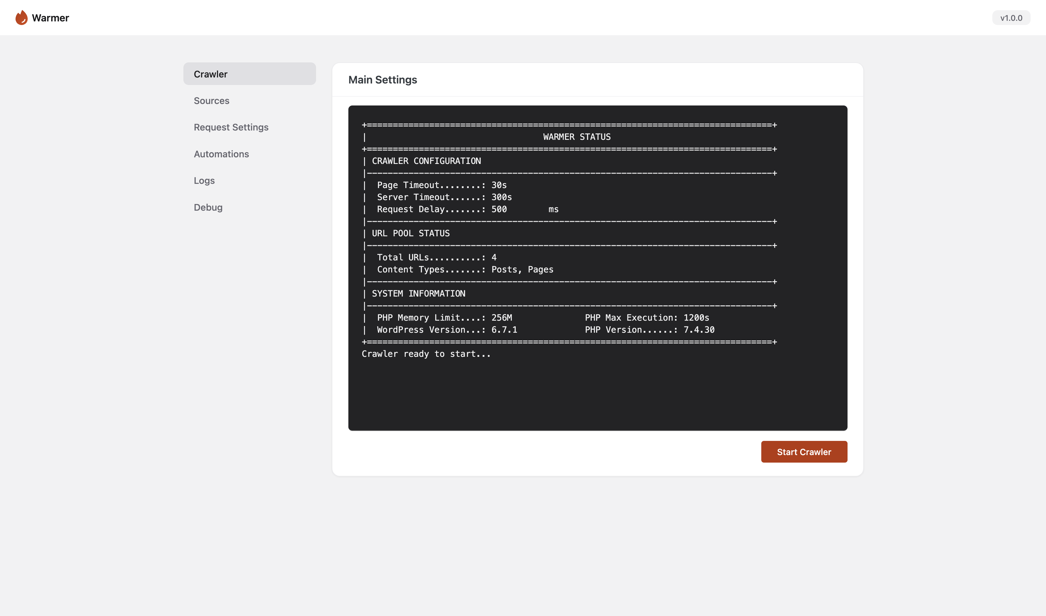 Main settings interface with cache warming controls