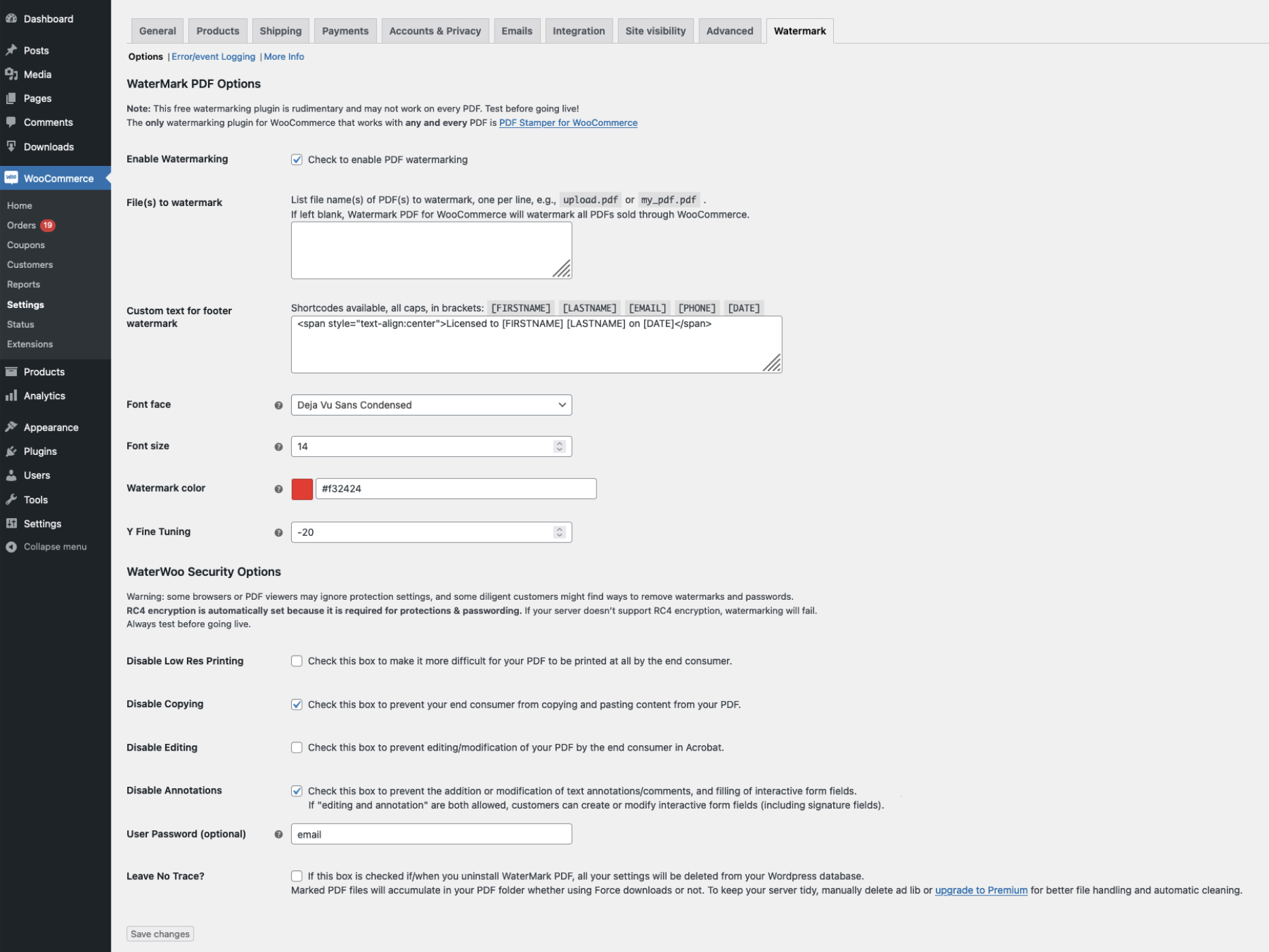 Screenshot of the settings page, as a Woocommerce settings tab.