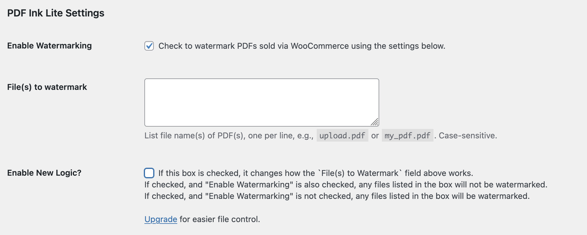 Settings page screenshot, showing where to turn on the plugin and choose files.