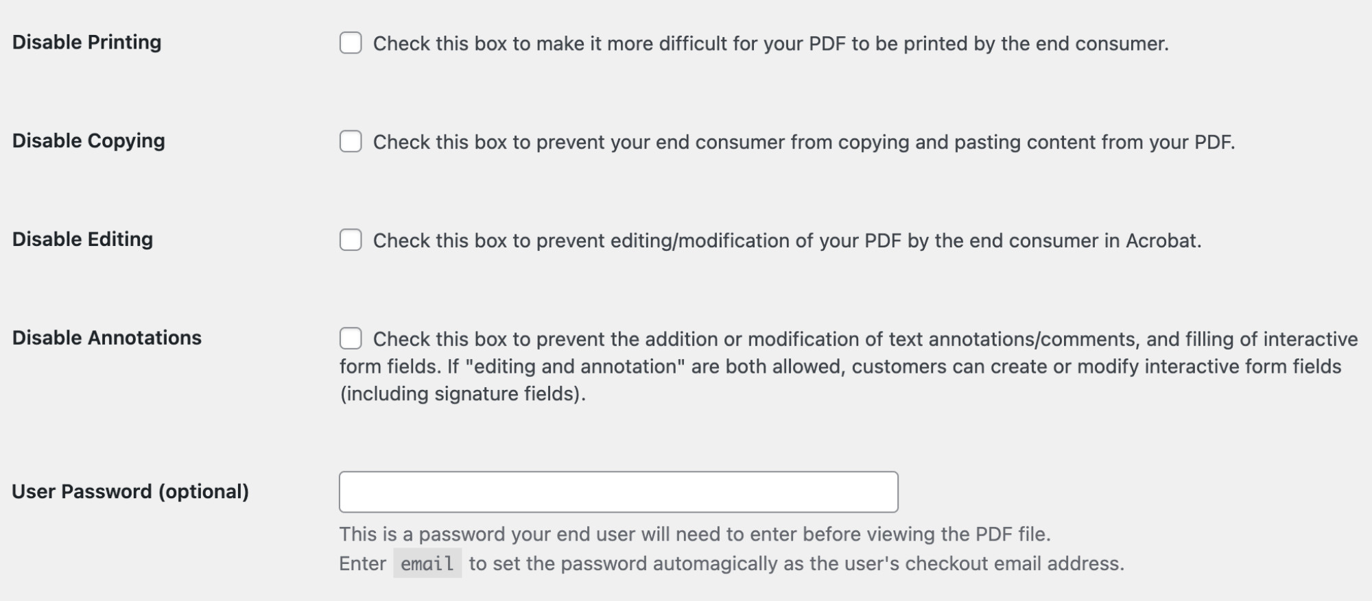 Settings page screenshot, showing password and protections settings. RC4 40-bit encryption is set automatically in PDF Ink Lite. For higher encryption, upgrade.