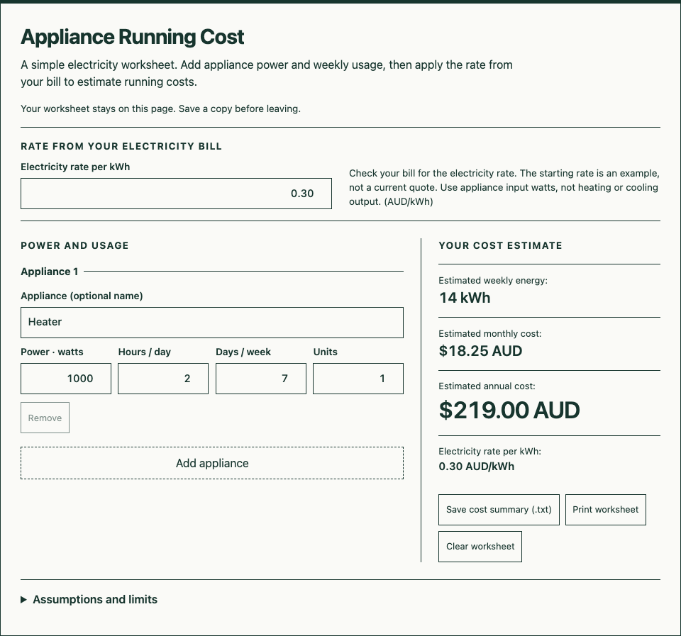 A tariff strip and numeric appliance worksheet feed a separate estimated-cost panel. Desktop local frontend preview with example inputs.