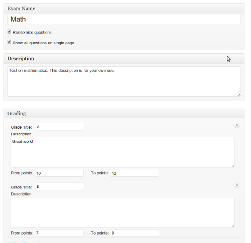 The form for creating and editing an exam/test