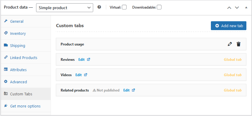 Global tabs and product specific tabs in product edit page