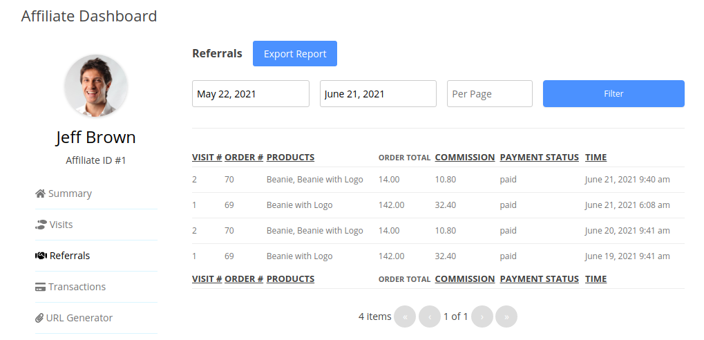 Affiliate - Referrals Table