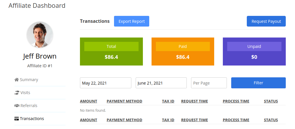 Affiliate - Transactions Table