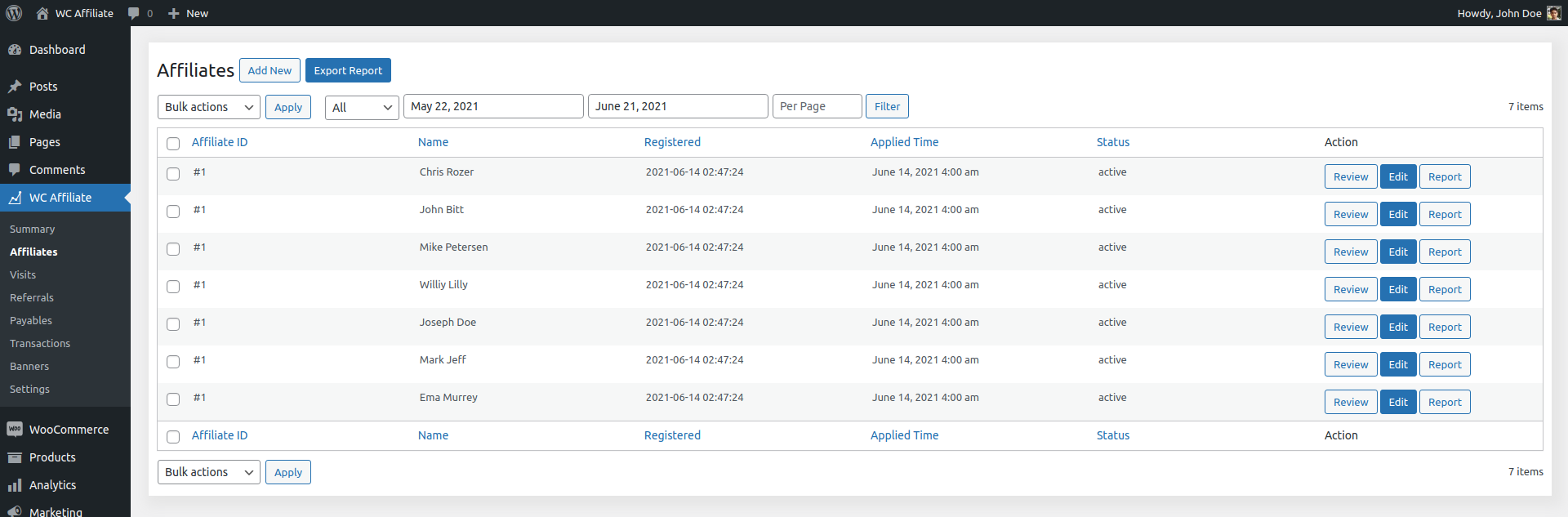 Admin - Affiliates Table