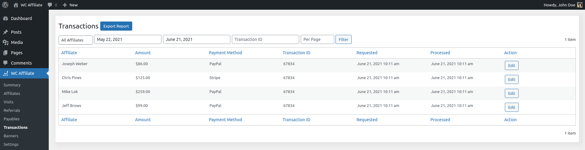 Admin - Transactions Table